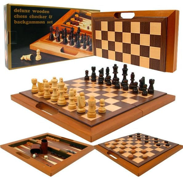 TPAT Deluxe Wooden Chess, Checker & Backgammon Set